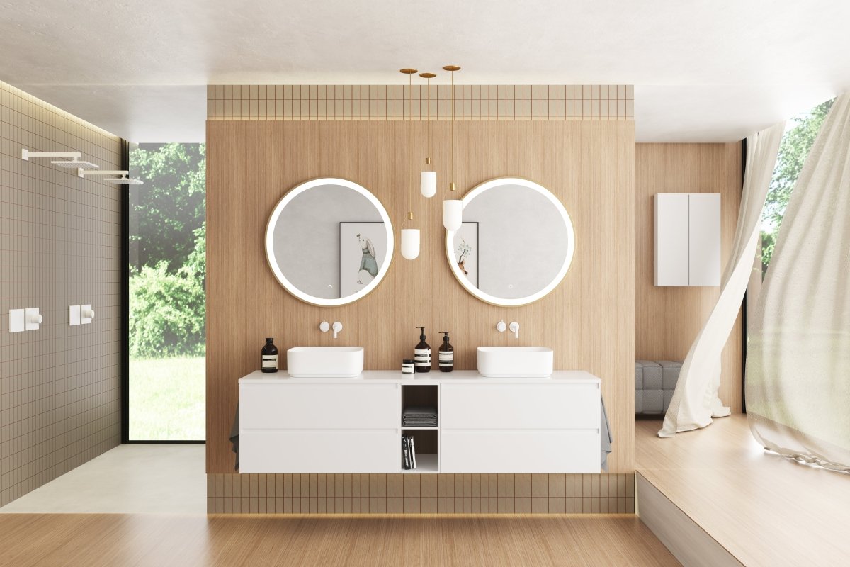 Lumora 600mm Round LED Bathroom Mirror – Brushed Brass, Dimmable Tri - Light, Anti - Fog - TILES Paradise