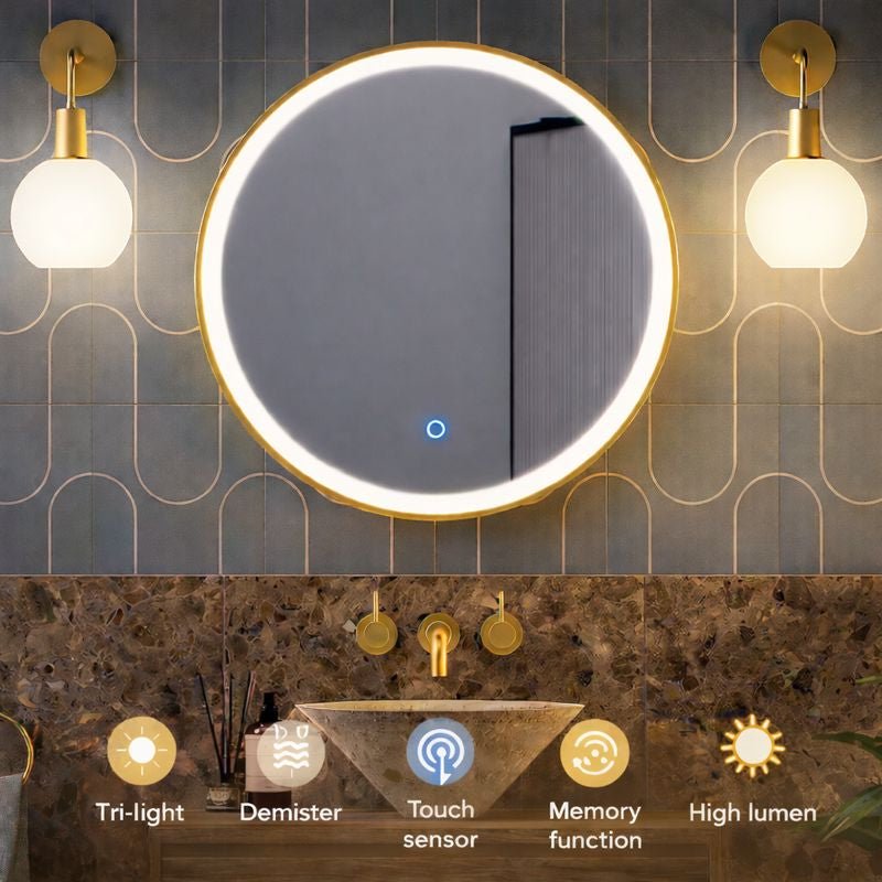 Lumora 600mm Round LED Bathroom Mirror – Brushed Brass, Dimmable Tri - Light, Anti - Fog - TILES Paradise