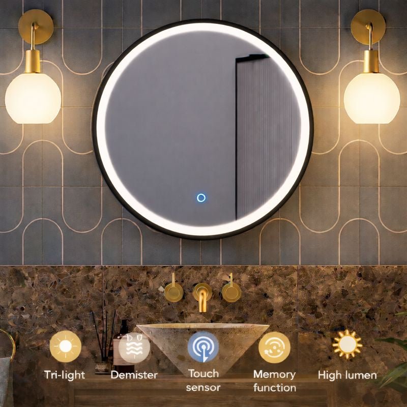 Lumora 600mm Round LED Bathroom Mirror – Matt Black, Dimmable Tri - Light, Anti - Fog - TILES Paradise