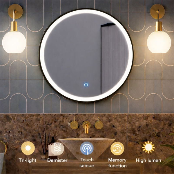 Lumora 600mm Round LED Bathroom Mirror – Matt Black Framed, Dimmable Tri-Light, Anti-Fog