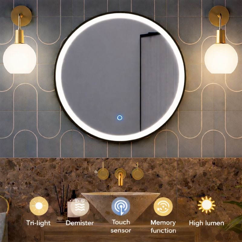 Lumora 600mm Round LED Bathroom Mirror – Matt Black, Dimmable Tri - Light, Anti - Fog - TILES Paradise