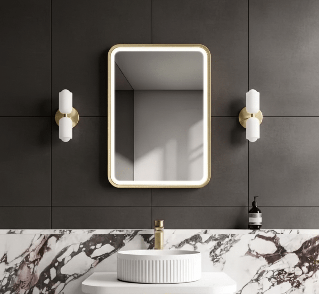 Lumora 700x500mm Brushed Gold LED Illuminated Bathroom Mirror - Anti - Fog - Vertical/Horizontal - TILES Paradise