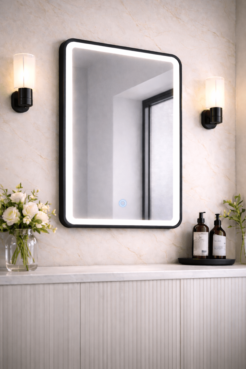 Lumora 700x500mm Matt Black LED Bathroom Mirror - Anti - Fog - Dimmable Tri - Light - TILES Paradise