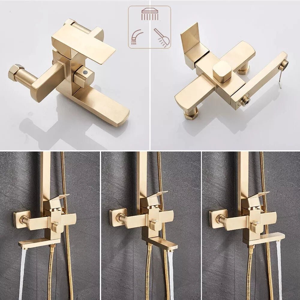 Lunoro Brushed Gold Thermostatic Bath & Shower Set – Waterfall & Rainfall Head with Shelf - TILES Paradise