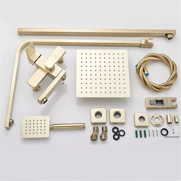 Lunoro Brushed Gold Thermostatic Bath & Shower Set – Waterfall & Rainfall Head with Shelf
