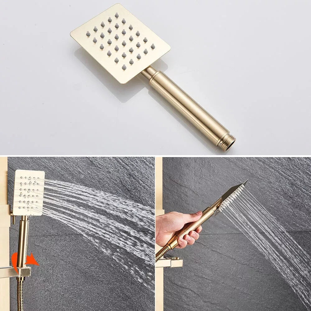 Lunoro Brushed Gold Thermostatic Bath & Shower Set – Waterfall & Rainfall Head with Shelf - TILES Paradise