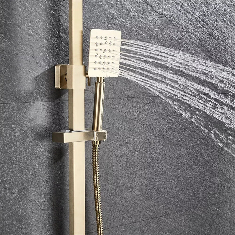 Lunoro Brushed Gold Thermostatic Bath & Shower Set – Waterfall & Rainfall Head with Shelf - TILES Paradise