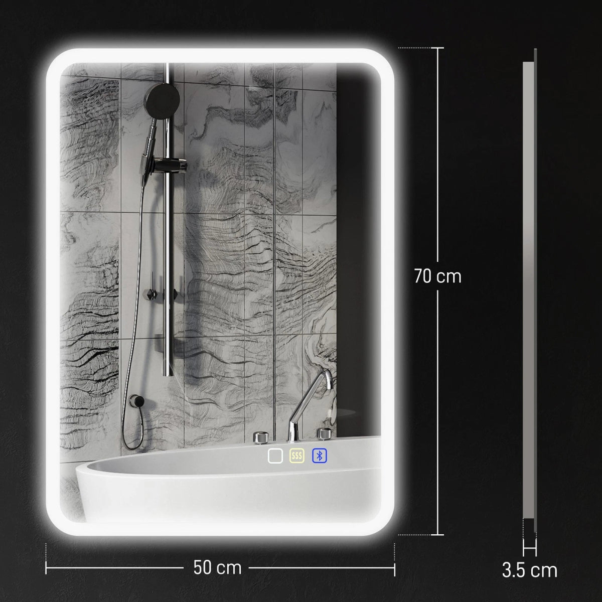 LustreLux 500x700mm Bluetooth LED Bathroom Mirror – Wall Mounted with Anti - Fog, Touch Control & 3 - Colour Dimmable Light - TILES Paradise
