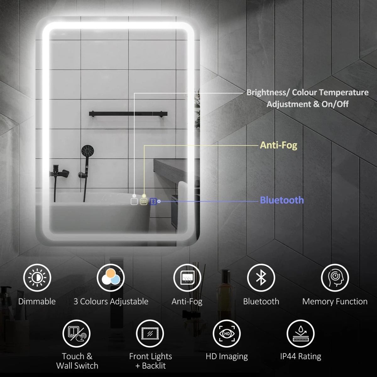 LustreLux 500x700mm Bluetooth LED Bathroom Mirror – Wall Mounted with Anti - Fog, Touch Control & 3 - Colour Dimmable Light - TILES Paradise