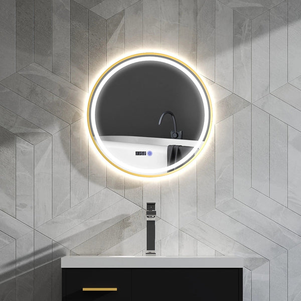 LustreLux 600mm Round LED Bathroom Mirror – Gold Frame | Wall Mounted, Anti-Fog, Dimmable Lighting, Smart Display