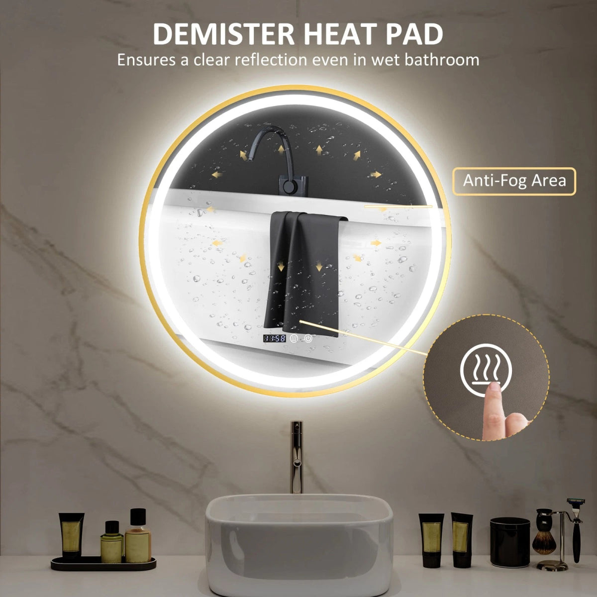 LustreLux 600mm Round LED Bathroom Mirror – Gold Frame | Wall Mounted, Anti - Fog, Dimmable Lighting, Smart Display - TILES Paradise