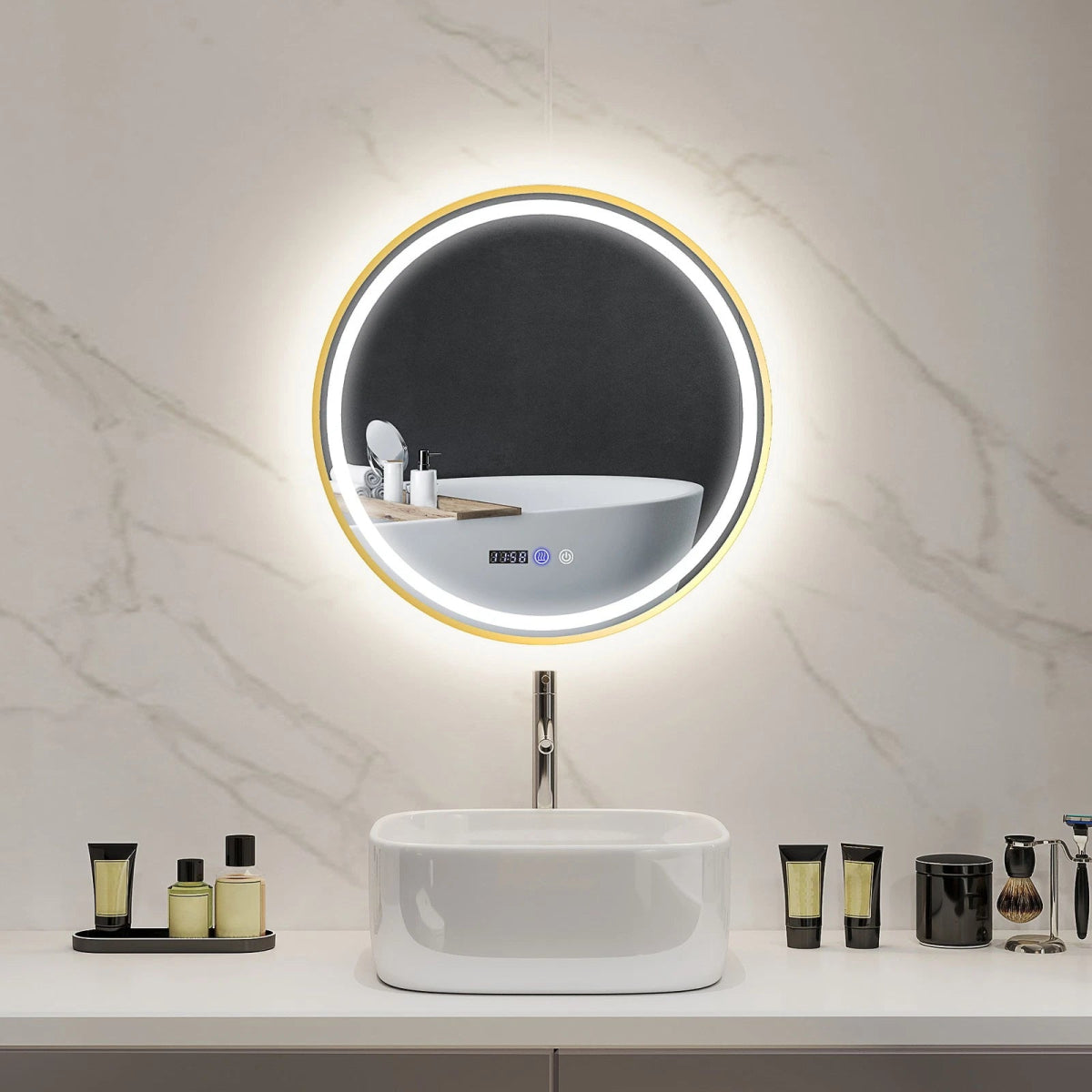 LustreLux 600mm Round LED Bathroom Mirror – Gold Frame | Wall Mounted, Anti - Fog, Dimmable Lighting, Smart Display - TILES Paradise