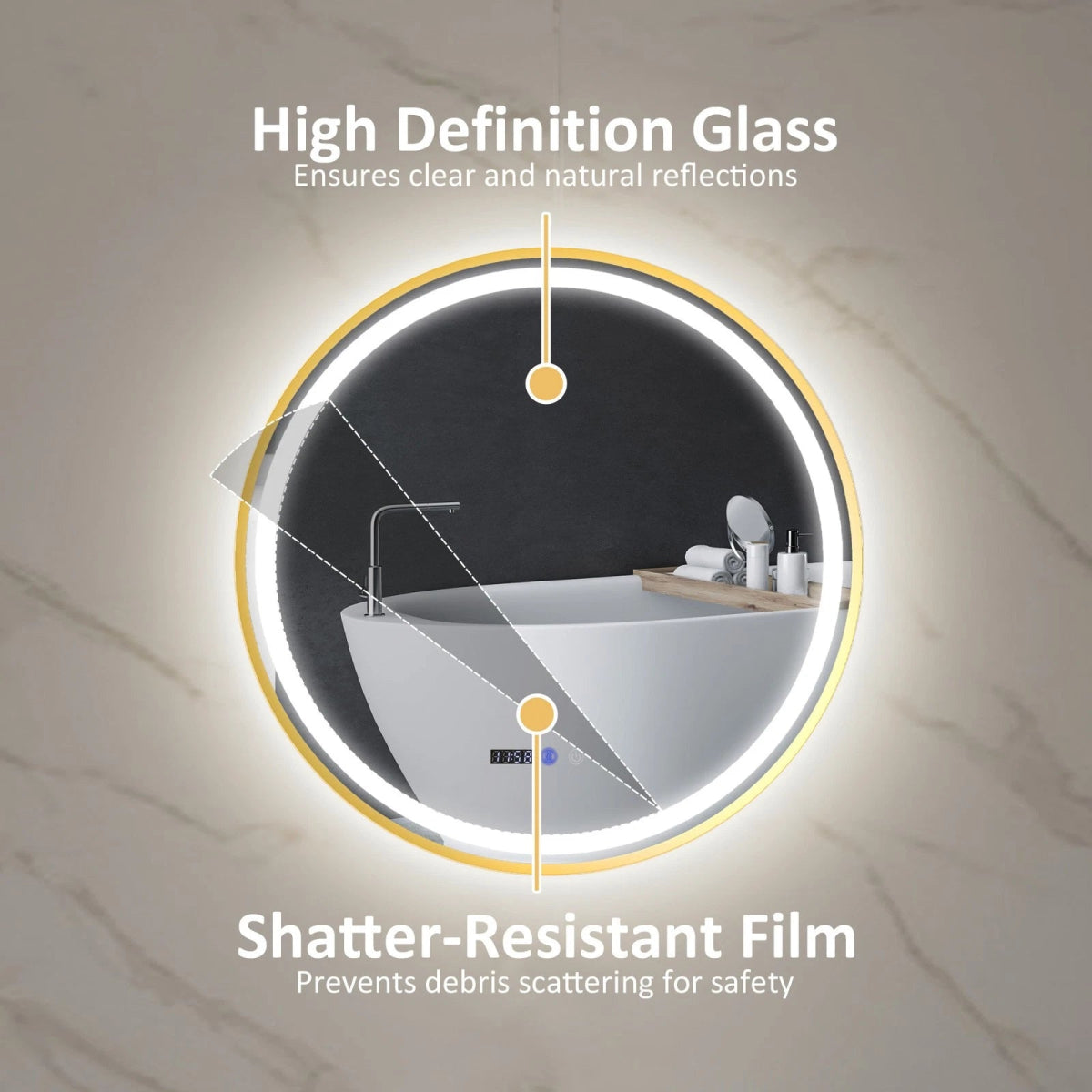 LustreLux 600mm Round LED Bathroom Mirror – Gold Frame | Wall Mounted, Anti - Fog, Dimmable Lighting, Smart Display - TILES Paradise