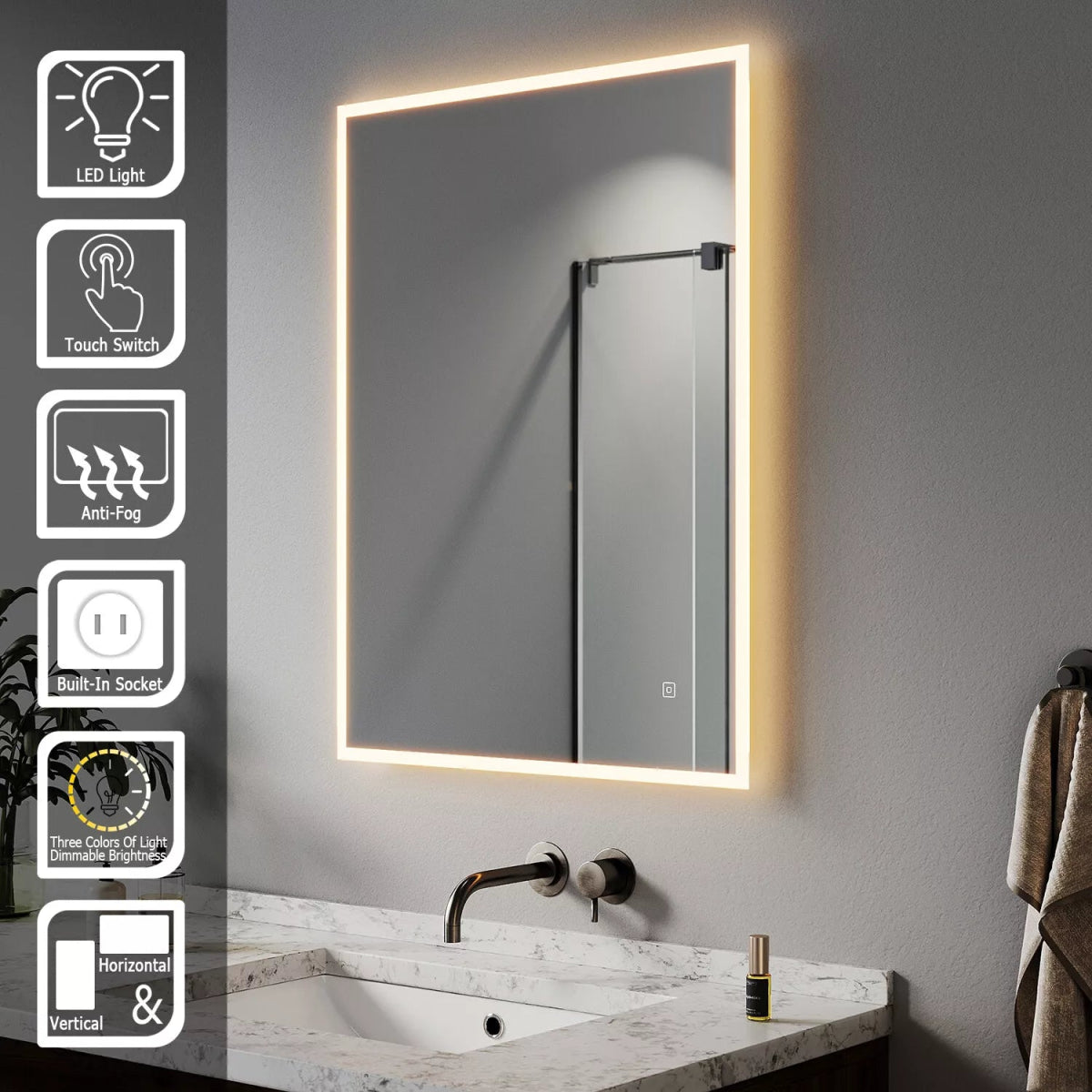 Luxore 600x800mm LED Mirror – Framed Backlit Design, Tri - Colour Dimmable Light, Shaver Socket, Demister Pad, Vertical/Horizontal - TILES Paradise