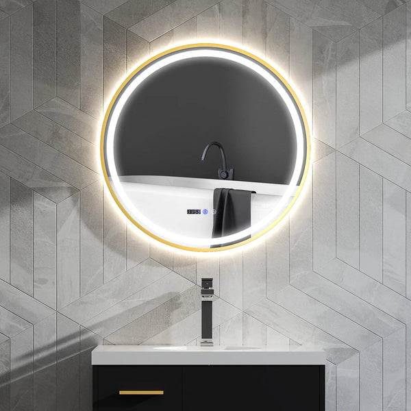Luxore 800mm Round LED Mirror – Gold Frame, Front & Backlit, Tri-Colour Dimmable Light, Demister, Time & Temp Display, IP44