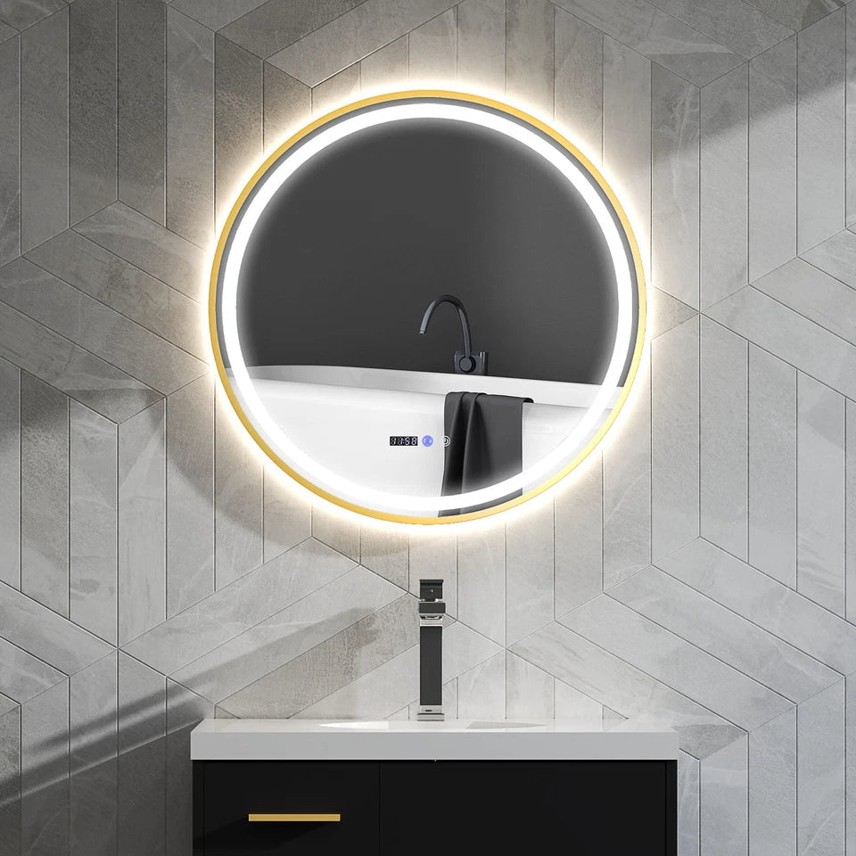 Luxore 800mm Round LED Mirror – Gold Frame, Front & Backlit, Tri - Colour Dimmable Light, Demister, Time & Temp Display, IP44 - TILES Paradise