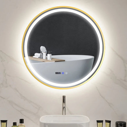 Luxore 800mm Round LED Mirror – Gold Frame, Front & Backlit, Tri - Colour Dimmable Light, Demister, Time & Temp Display, IP44 - TILES Paradise