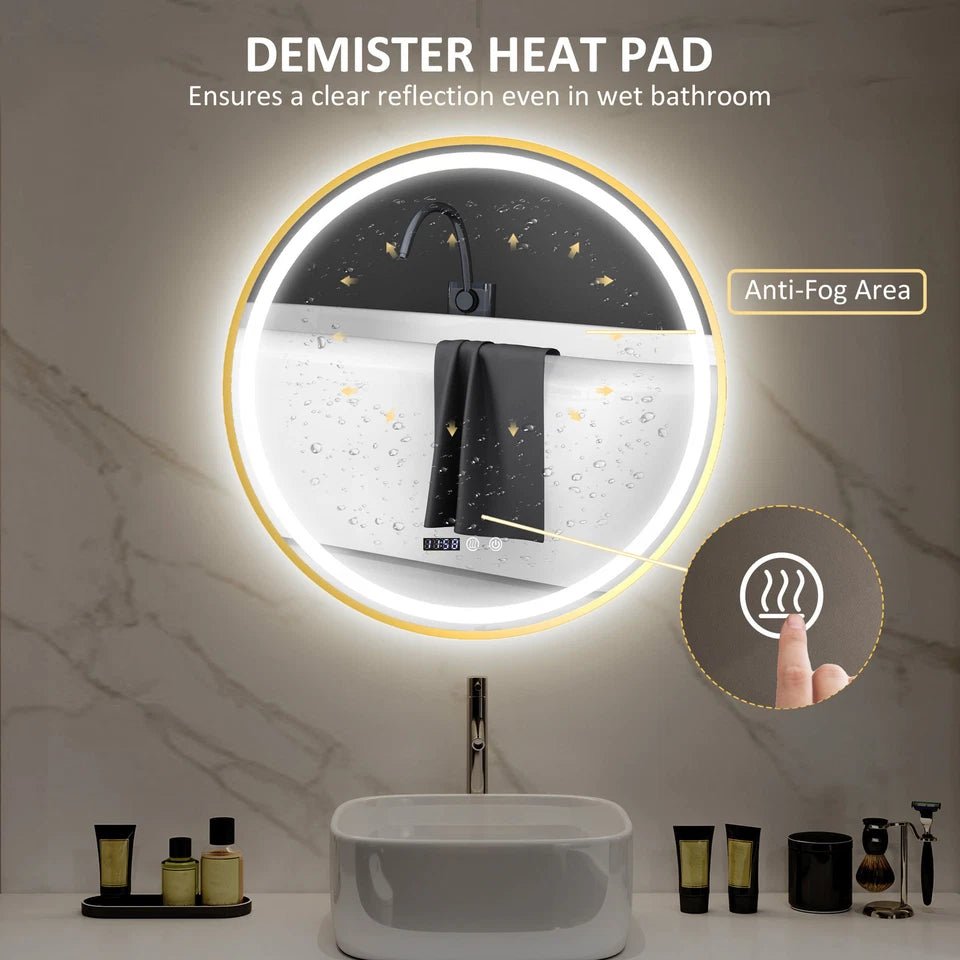 Luxore 800mm Round LED Mirror – Gold Frame, Front & Backlit, Tri - Colour Dimmable Light, Demister, Time & Temp Display, IP44 - TILES Paradise