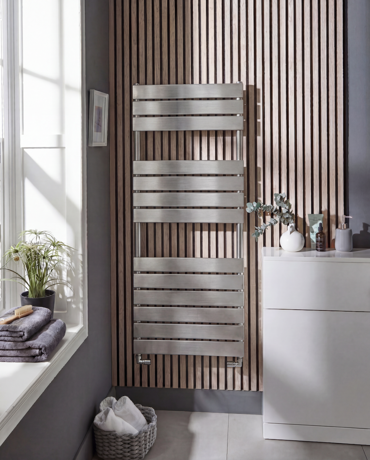 Mariva 1200x500mm Brushed Nickel Designer Heated Towel Rail – 1200x500mm