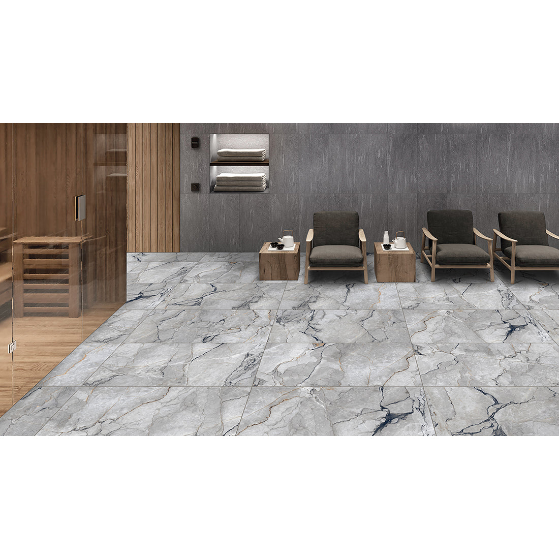 Pallet Deal: 144 Tiles (52 sq.m) Sylvan Dark Grey Marble Essence 60x60cm Polished Porcelain Wall & Floor Tile