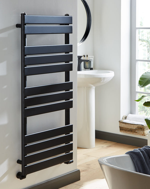 Memora Matt Black Designer Heated Towel Rail – 1200x500mm
