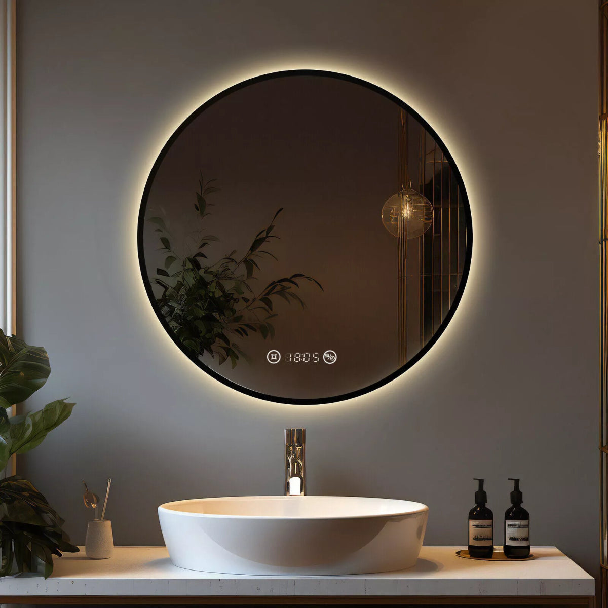 Meykoers 600mm Round LED Mirror – Black Frame, Warm Backlit Light, Demister, Clock, Dimmable Touch Control, IP44 Rated - TILES Paradise