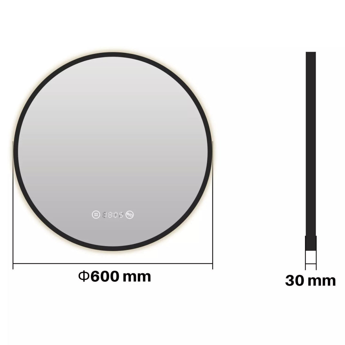 Meykoers 600mm Round LED Mirror – Black Frame, Warm Backlit Light, Demister, Clock, Dimmable Touch Control, IP44 Rated - TILES Paradise