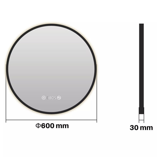 Meykoers 600mm Round LED Mirror – Black Frame, Warm Backlit Light, Demister, Clock, Dimmable Touch Control, IP44 Rated