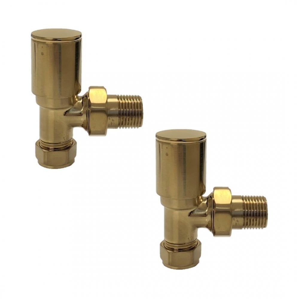 Modern Manual Radiator Valves 15mm (Pair) – Brushed Brass – Angled