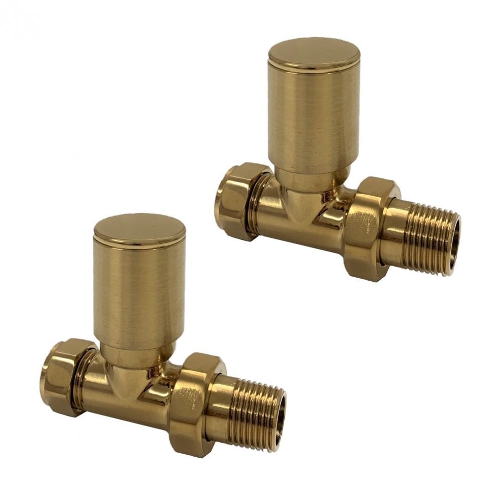 Modern Manual Radiator Valves 15mm (Pair) – Brushed Brass – Straight