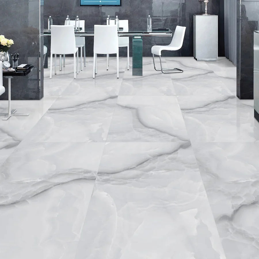 Job Lot Deal: 39 Tiles (28 sq.m) Pearl Silver Grey Gloss Porcelain 60x120cm Wall and Floor Tiles