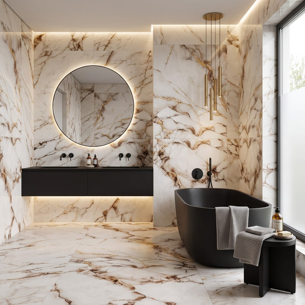 Luxury bathroom interior featuring beige and brown marble walls and floor, a black floating vanity with a round backlit mirror, a black freestanding bathtub with gray towels, and modern gold-toned lighting.