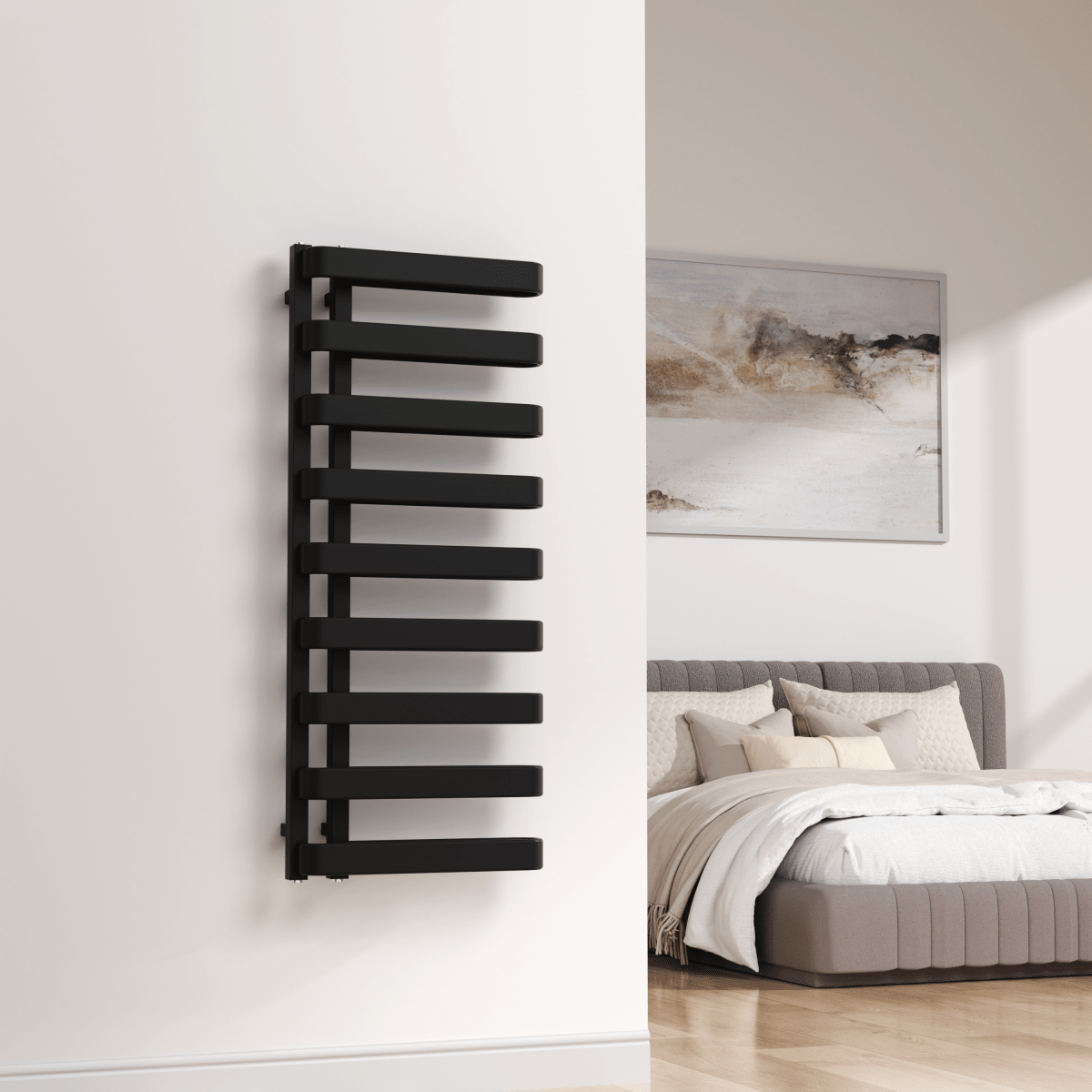 Novara 1200x500mm Matt Black Heated Towel Rail – High Output Designer Radiator 750W - TILES Paradise