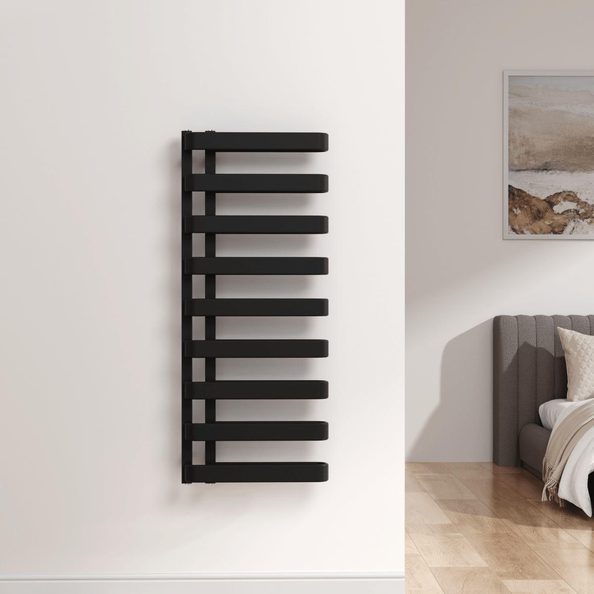 Novara 1200x500mm Matt Black Heated Towel Rail – High Output Designer Radiator 750W - TILES Paradise