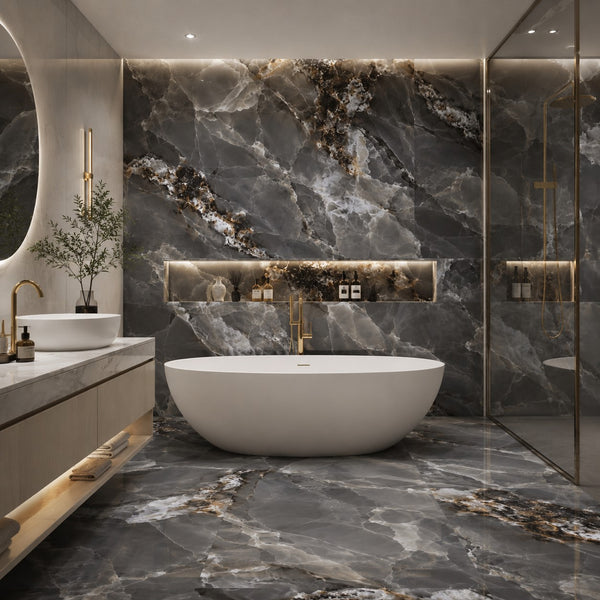 A luxury modern bathroom featuring a freestanding oval white bathtub in front of a large dark gray marble wall with gold veining, matching marble flooring, a floating vanity with a white vessel sink, and a glass shower enclosure.