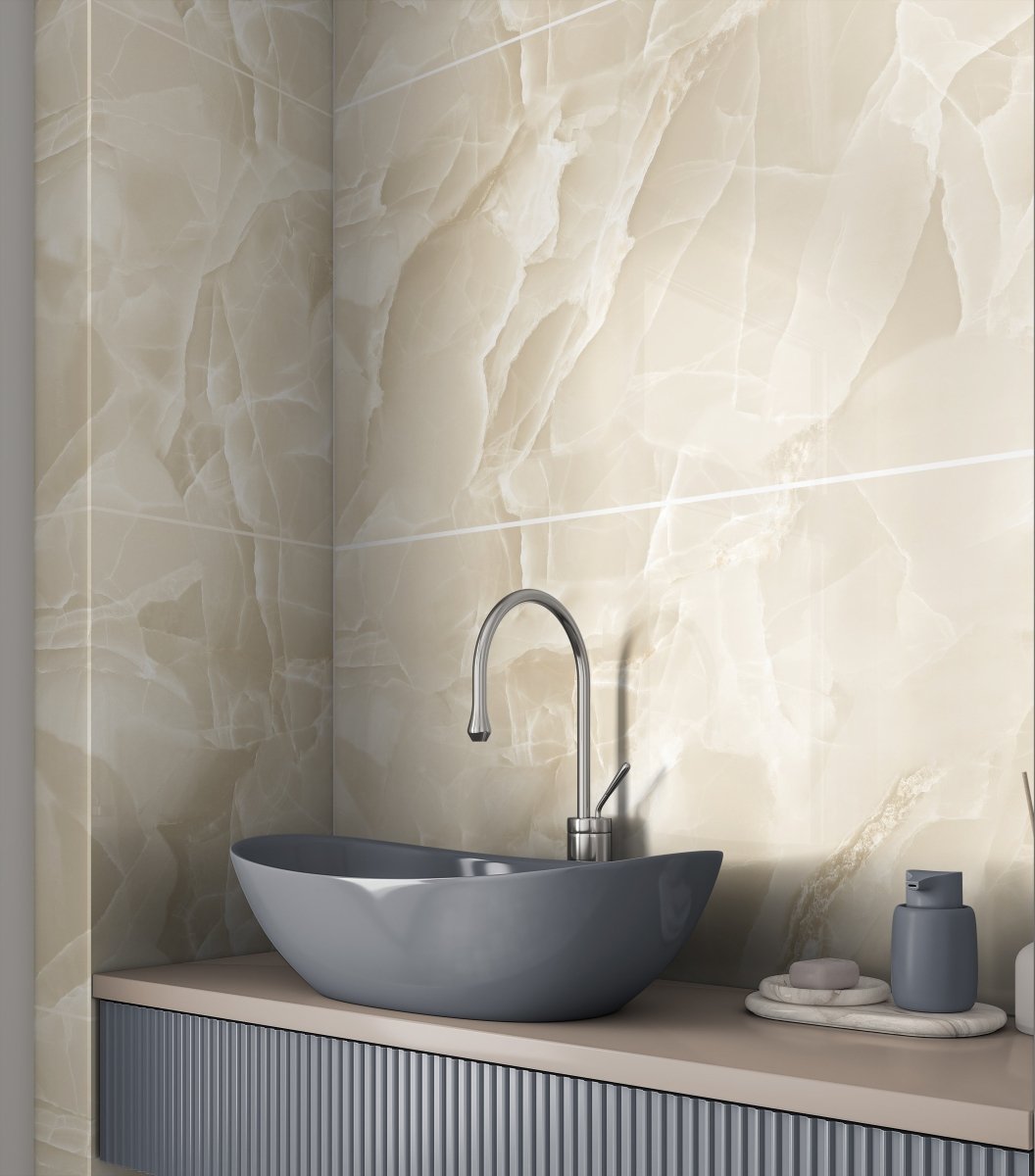 Onyx Cream Marble Effect Polished Porcelain 60x120cm Wall and Floor Tile - TILES Paradise