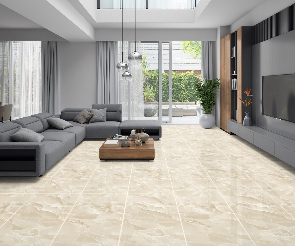 Onyx Cream Marble Effect Polished Porcelain 60x120cm Wall and Floor Tile - TILES Paradise