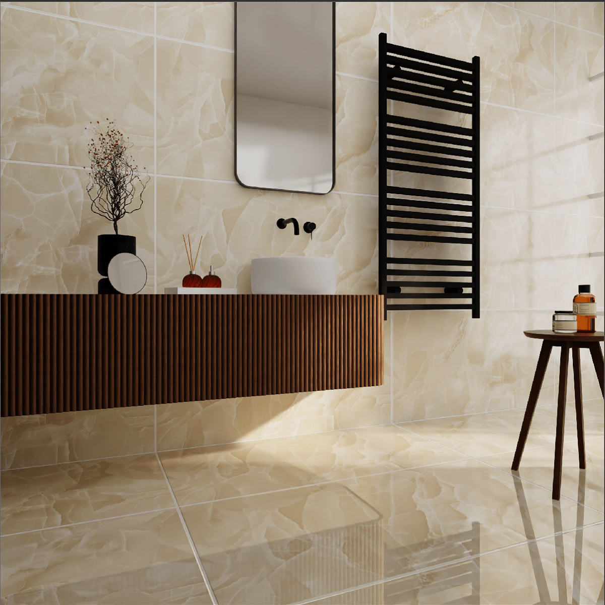 Onyx Cream Marble Effect Polished Porcelain 60x120cm Wall and Floor Tile - TILES Paradise