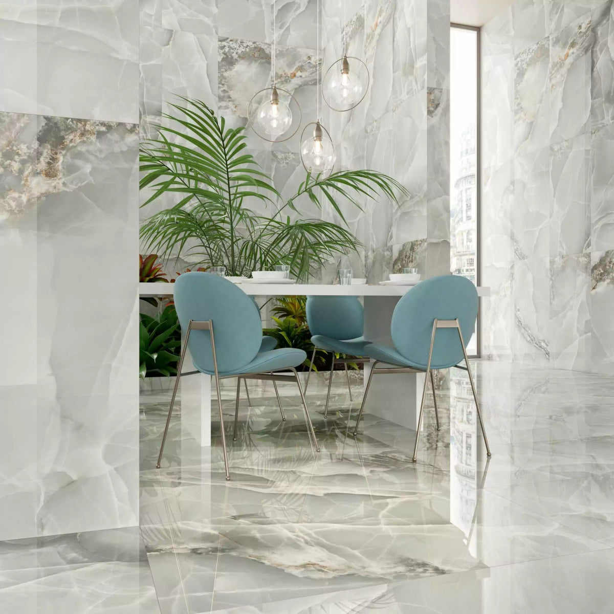 Onyx Light Grey Marble Effect Polished Porcelain 60x120cm Wall and Floor Tile - TILES Paradise
