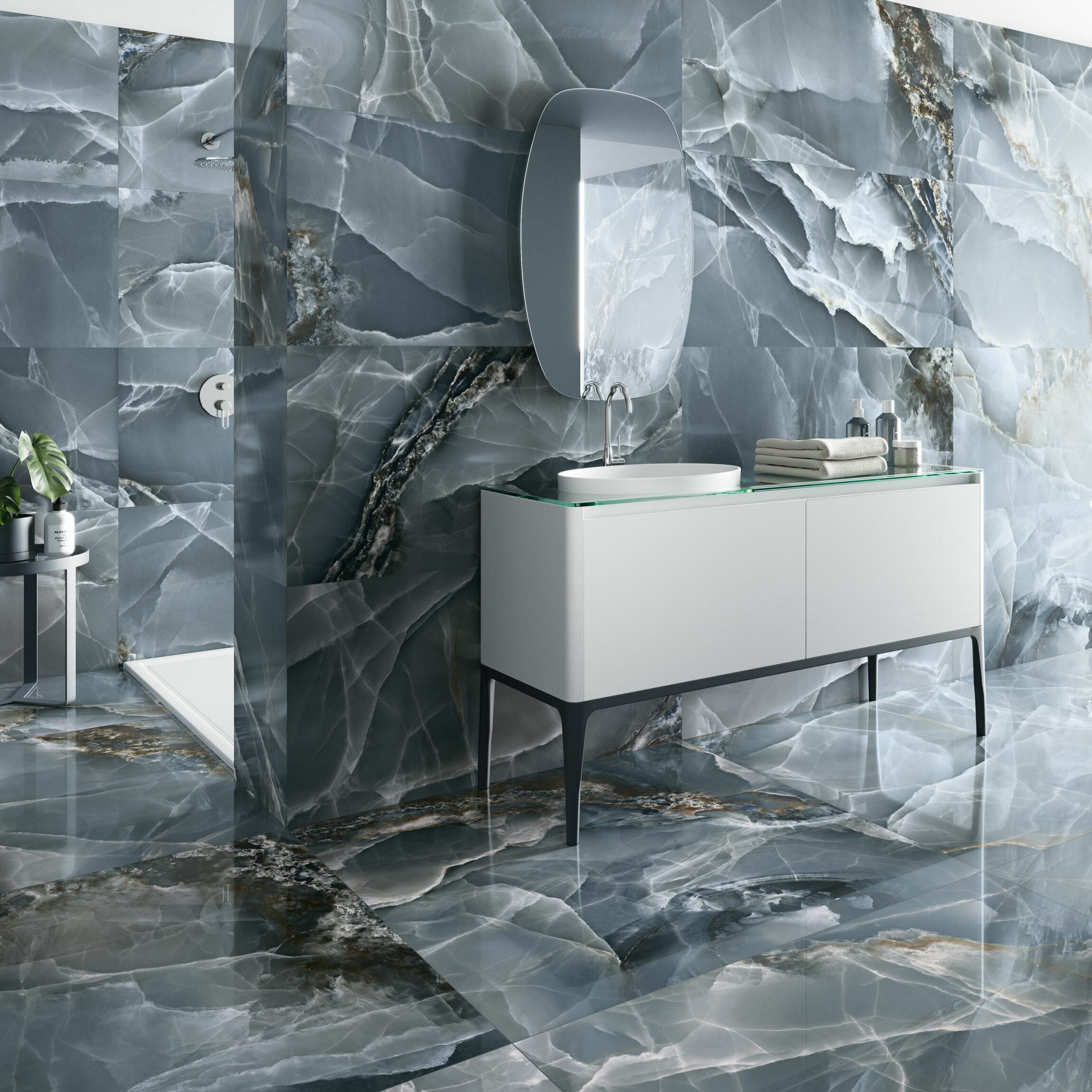 Job Lot : 34 Tiles (25 sq.m) Onyx Blue Marble Effect Polished Porcelain 60x120cm Wall and Floor Tile