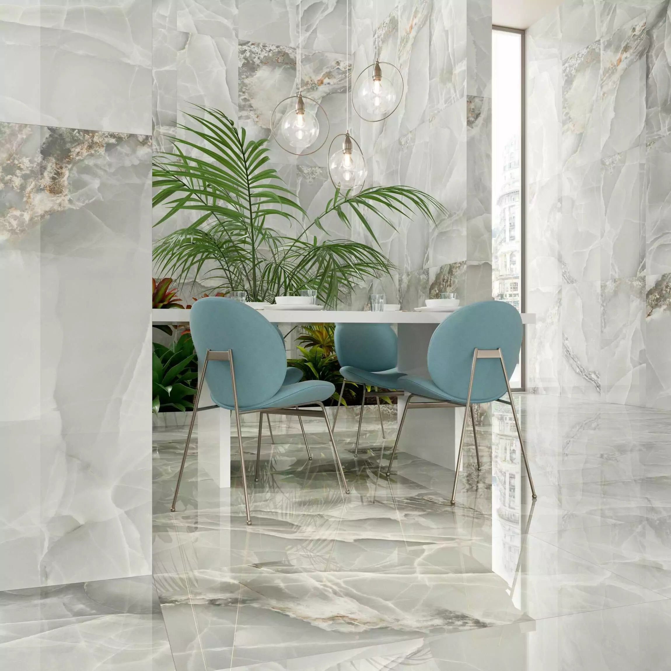 Onyx Light Grey Marble Effect Polished Porcelain 60x120cm Wall and Floor Tile