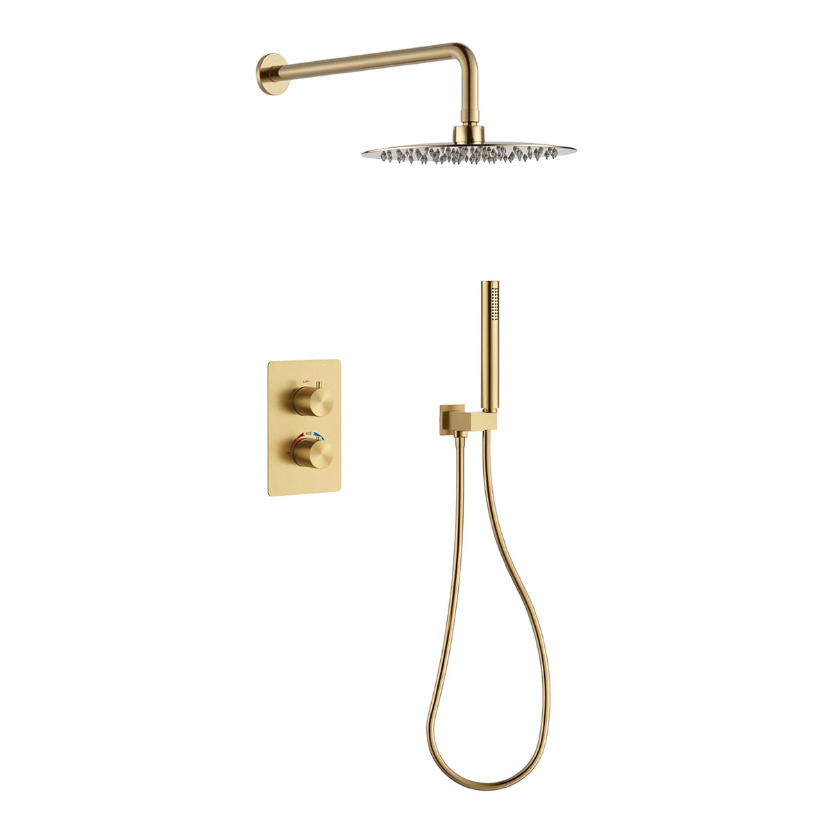 Orbis brushed gold concealed thermostatic shower set with 250mm round rainfall head, pencil handset and 2 outlet twin valve