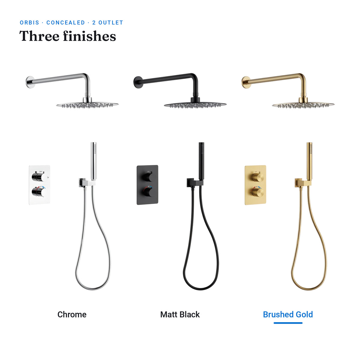 Orbis 2 outlet concealed shower set in chrome, matt black and brushed gold, with brushed gold selected