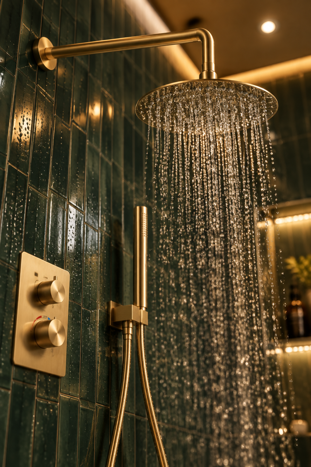 Orbis brushed gold 2 outlet concealed shower set installed in a bathroom, view 2
