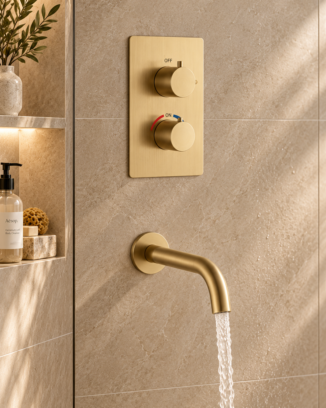 Orbis brushed gold 3 outlet concealed shower set installed in a bathroom, view 2