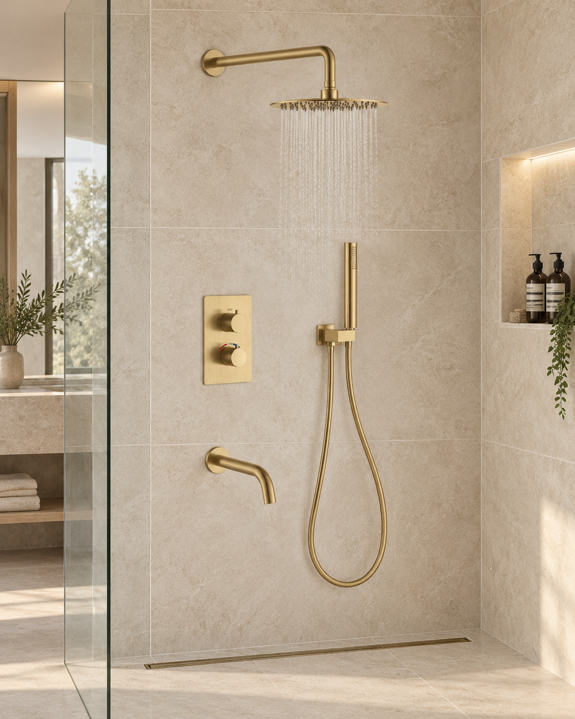 Orbis brushed gold 3 outlet concealed shower set installed in a bathroom, view 3