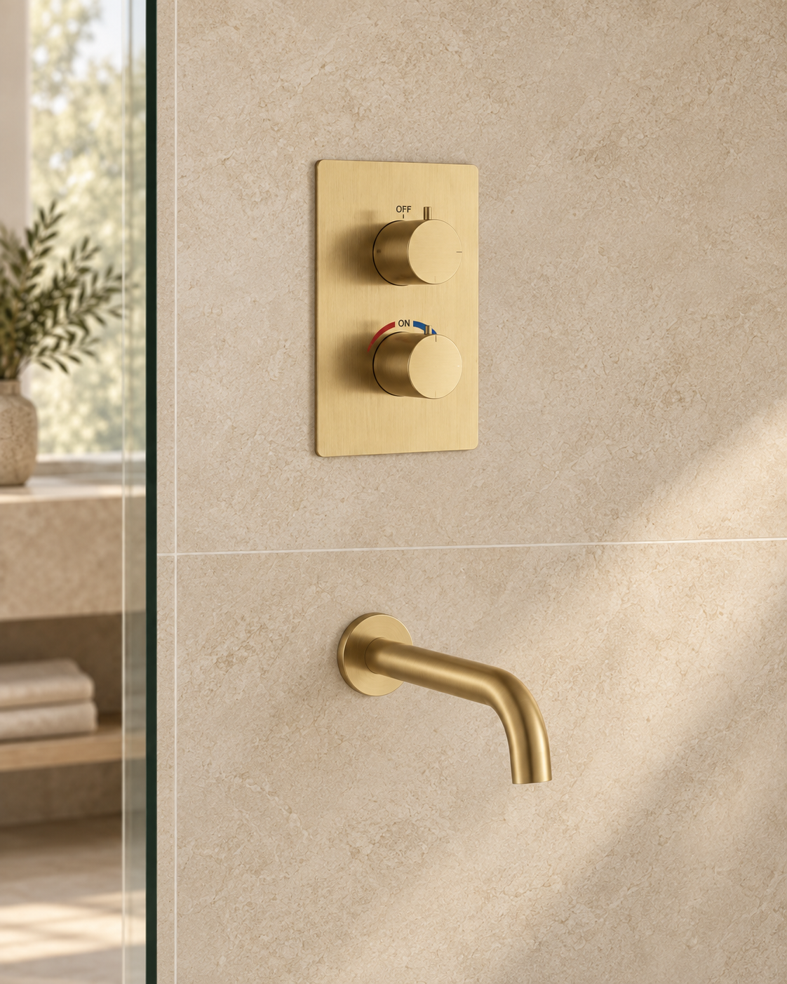 Orbis brushed gold 3 outlet concealed shower set installed in a bathroom, view 4