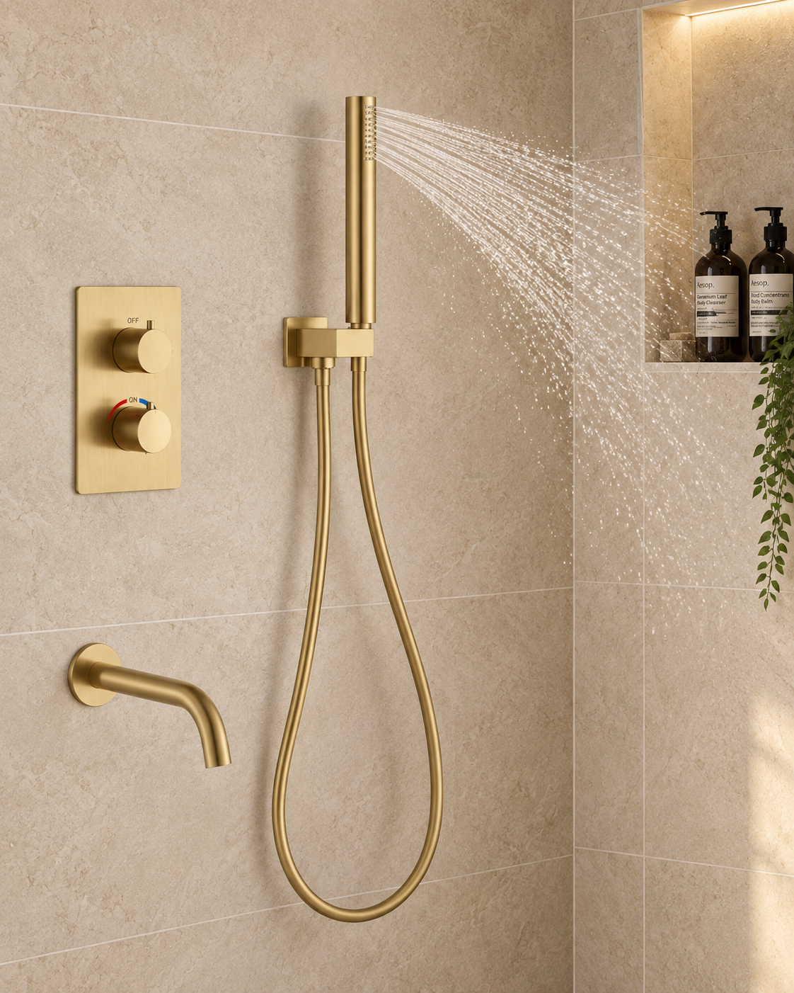 Orbis brushed gold 3 outlet concealed shower set installed in a bathroom, view 5