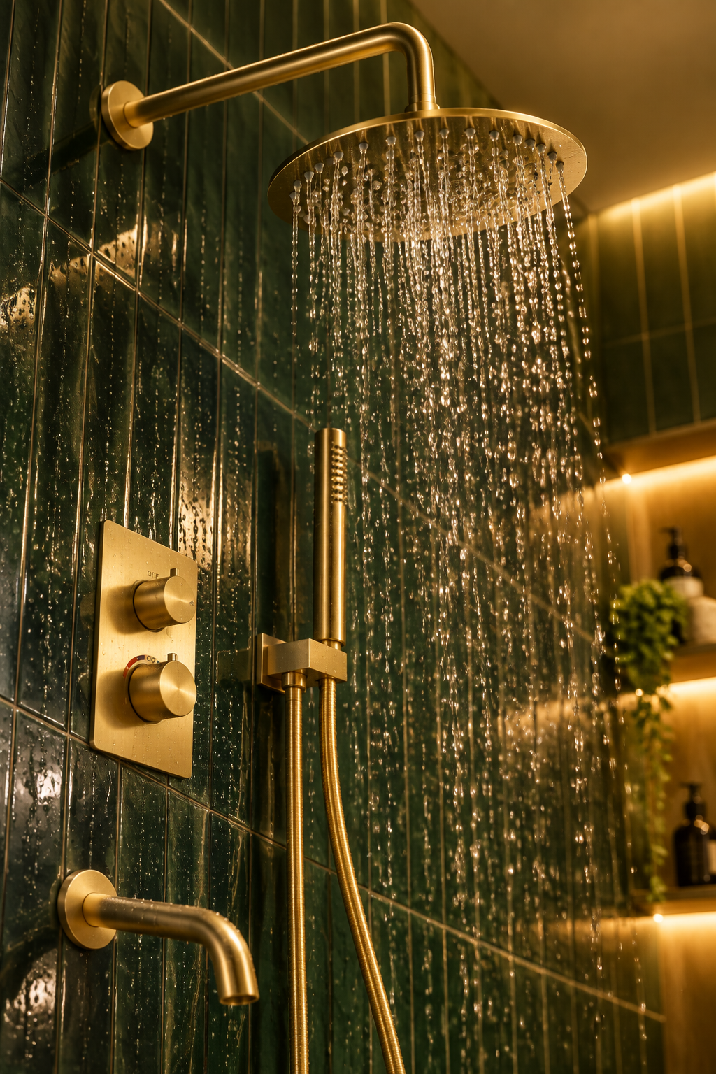 Orbis brushed gold 3 outlet concealed shower set installed in a bathroom, view 7