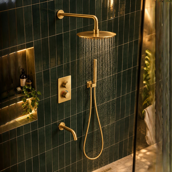 Orbis brushed gold 3 outlet concealed shower set with bath spout on dark green vertical metro tiles